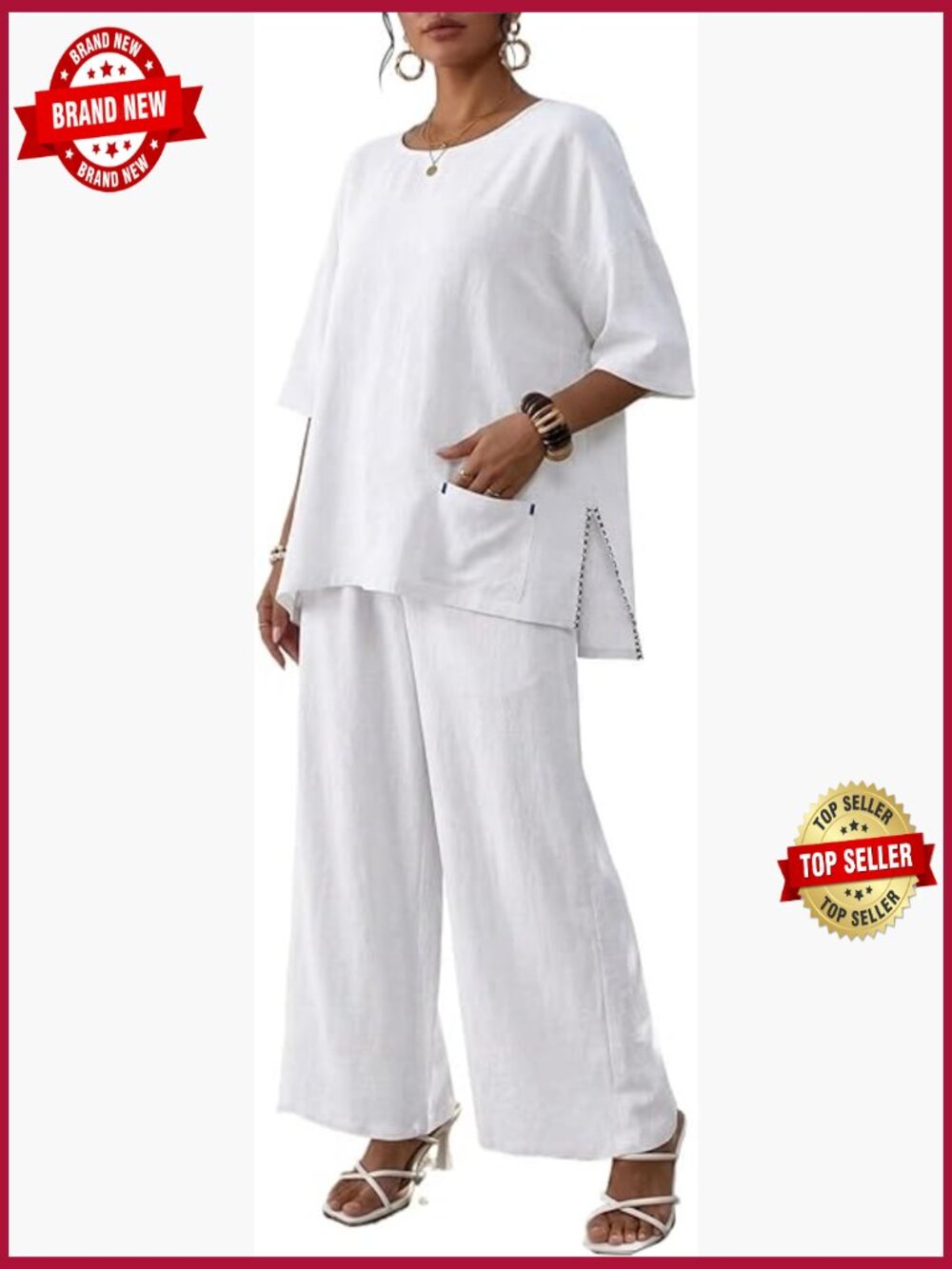 Linen 2 Piece Outfits Short Sleeve Top Wide Leg Trouser Pants Suits Summer